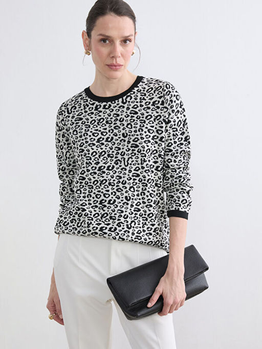 Bisiklet Yaka Leopar Desenli Kad?n Triko Kazak