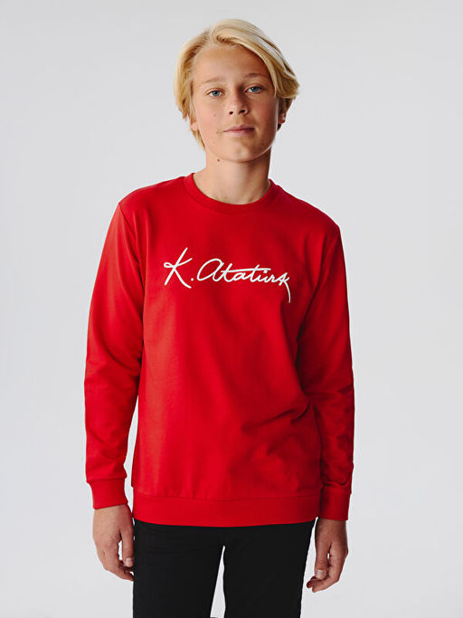 Bisiklet Yaka Atat?rk ?mza Bask?l? Erkek ?ocuk Sweatshirt