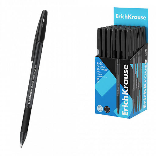 Цена за 50 шт. Ручка шариковая ErichKrause R-301 Stick&Grip Original 1.0, цвет чернил черный (в коробке по 50 шт.) фото 2