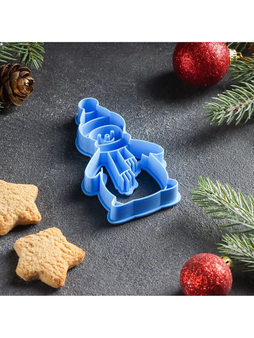 Форма для печенья новогодняя «Снеговик», вырубка, штамп, 9.9×5.7×1.5 см, пластик, голубая