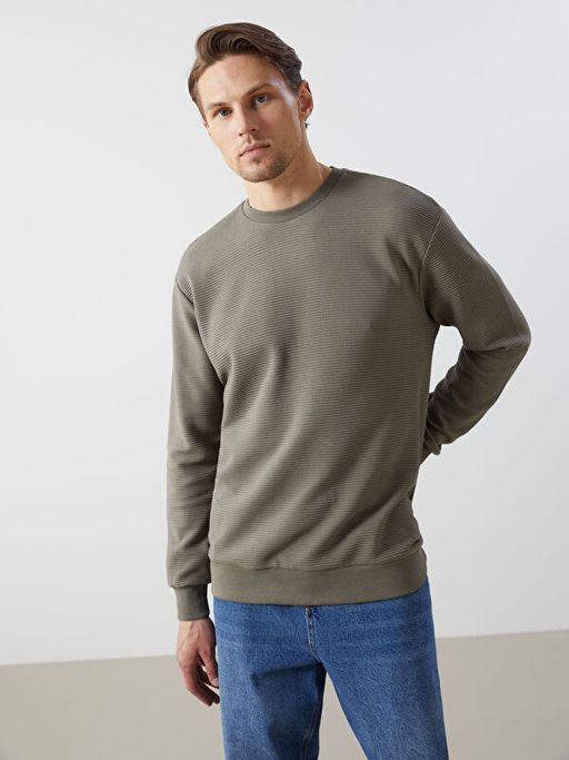 Bisiklet Yaka Uzun Kollu Erkek Dokulu Sweatshirt