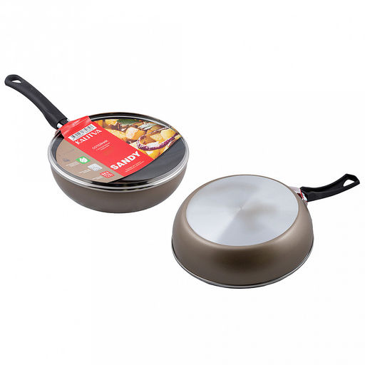 "Sandy " Сотейник с антипригарным покрытием д24см, h6,3см, s1,8мм, бакелитовая ручка, стеклянная крышка (Россия)