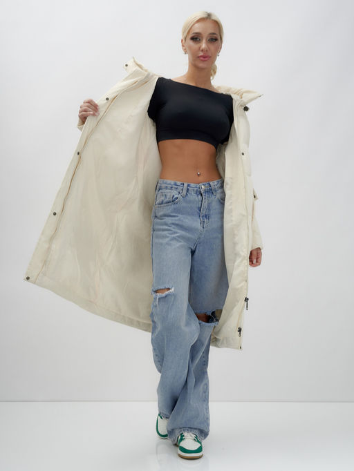 Пальто утепленное стеганное зимнее с капюшоном женское бежевого цвета 9639B - Mtforce фото 6