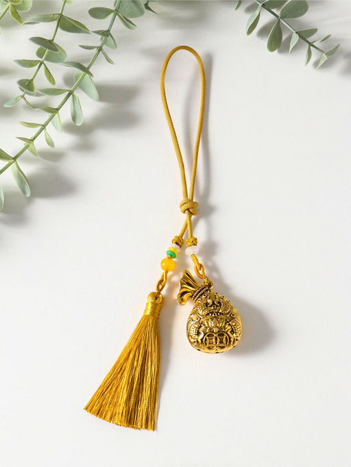 Подвеска металл, текстиль "Мешок и рыбы с лотосом, с кисточкой" золотистый 1,5х5,5х14 см