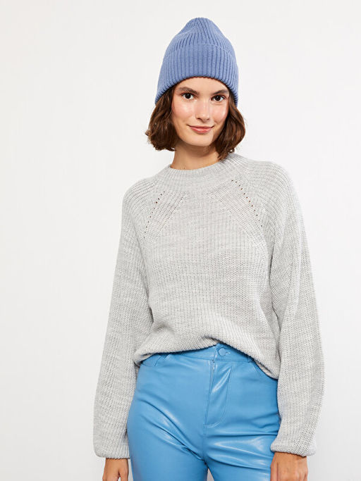 Dik Yaka Kendinden Desenli Kad?n Triko Kazak