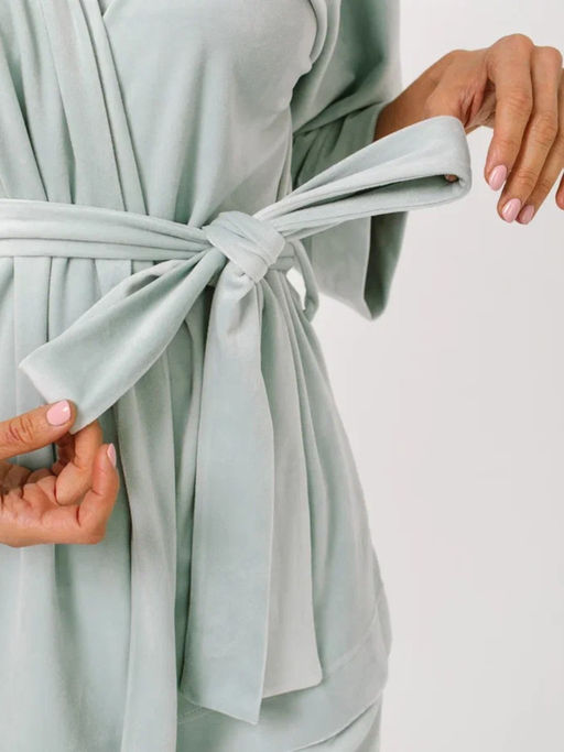 Пижама Кимоно+брюки из велюра OD-836-2 серо-зеленый