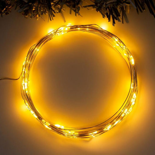 Гирлянда Нить 5 м роса, IP20, серебристая нить, 50 LED, 2 режима, батарейки AAх3 (нет в комплекте), свечение жёлтое