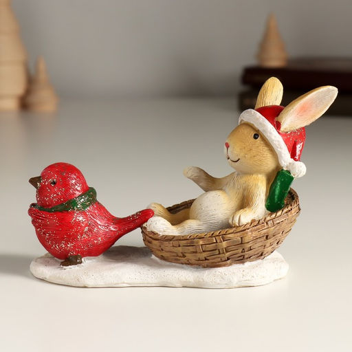 Фигурка полистоун «Зайка в корзинке и красная птичка», 13×6×8 см