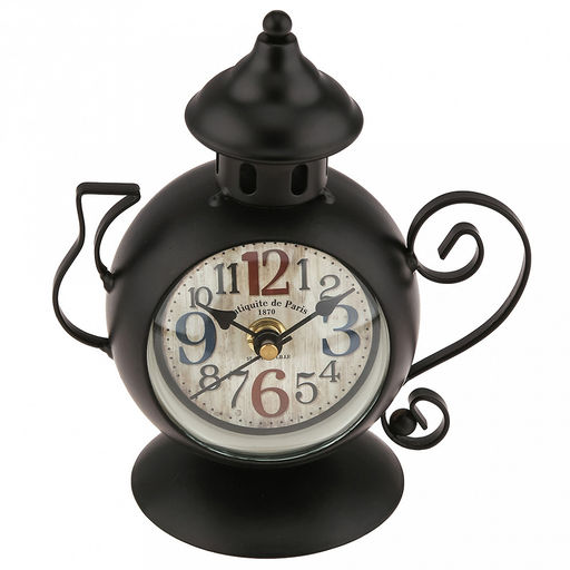 Часы настольные интерьерные "Чайник" 13,5х8х16см, мягкий ход, циферблат с рисунком, бежевый; цифры арабские, черный; выпуклое стекло; элементы металл, корпус пластик, черный матовый; в коробке (Китай)