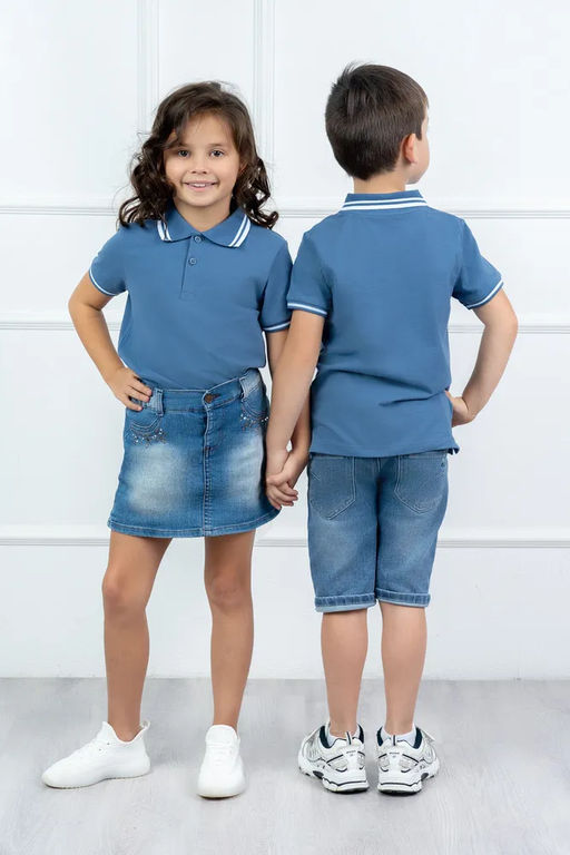 Футболка детская Поло, кор. рукав, цвет Серо-голубой, пике карде, 100% х/б - 5+ фото 2