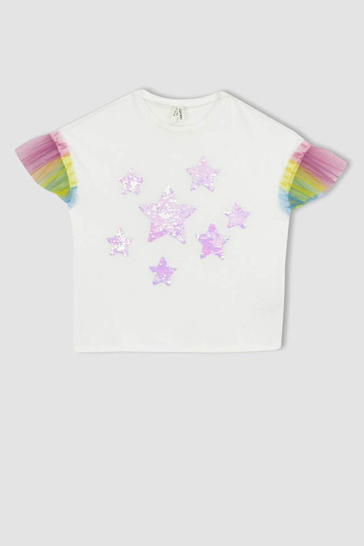 Белая футболка с короткими рукавами из тюля с принтом для девочек - Defacto фото 7