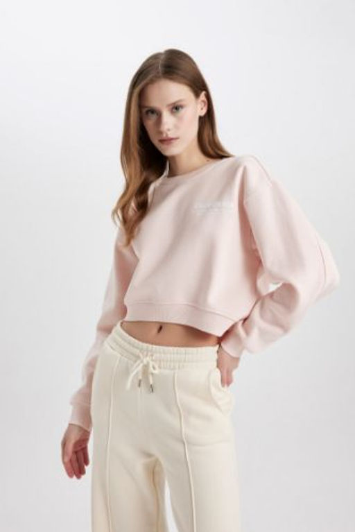 Boxy Fit Bisiklet Yaka Bask?l? Kal?n Crop Sweatshirt
