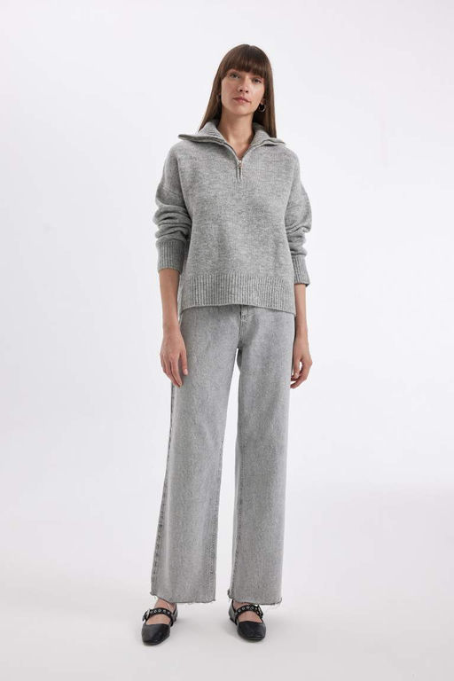 Трикотажный свитер оверсайз с воротником поло и полумолнией - Defacto фото 2