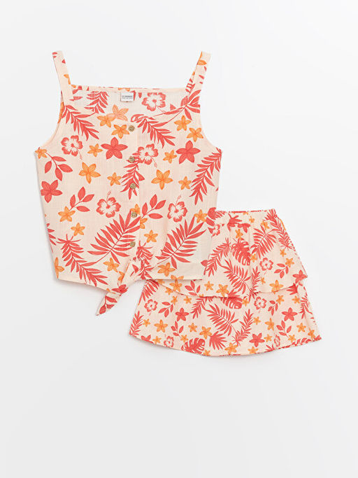 Kare Yaka ?i?ekli K?z ?ocuk Bluz ve Etek