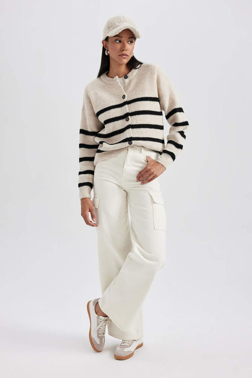 Полосатый кардиган стандартного кроя с круглым вырезом из ткани Selanik - Defacto фото 3