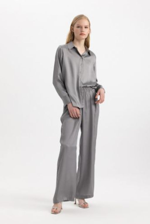 Saten Pantolon Wide Leg Genis Bol Paca Cepli Yuksek Esnek Belli Uzun Boy
