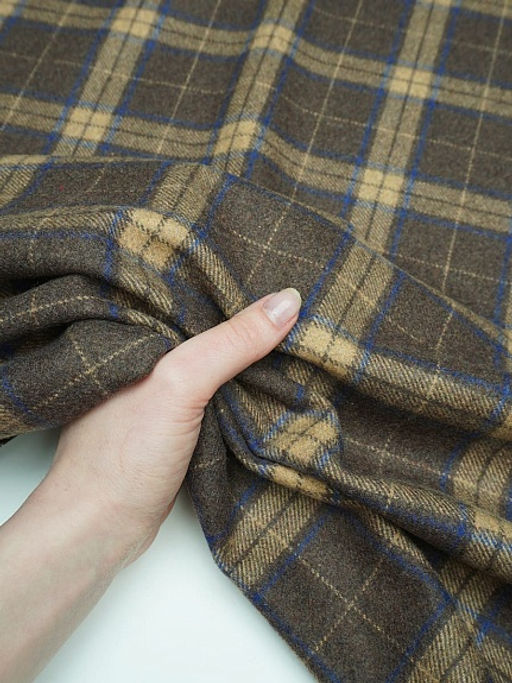 Шерсть пальтово-костюмная Твид Клетка бежево-синяя на коричневом, ш.1.5м, шерсть-50%, п/э-50% - Купава фото 5