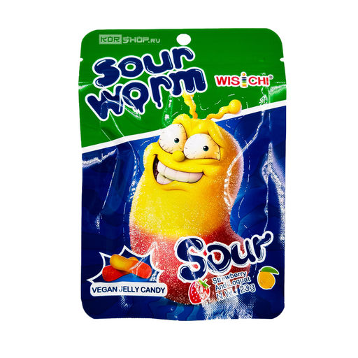 Жевательный мармелад со вкусом клубники и мушмулы Кислый червячок Sour Worm Wisichi, Китай, 20 г