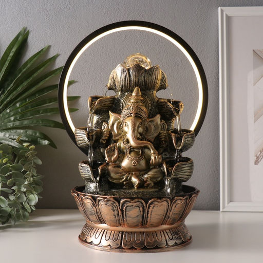 Фонтан настольный с подсветкой «Ганеша в золотом под водопадами», от сети, 25×20×34 см