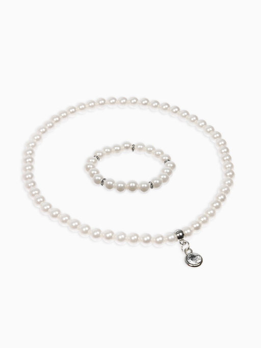 Цена за 2 шт. Набор детский «Выбражулька» 2 предмета: бусы, браслет d=6 см. жемчуг, белый в серебре