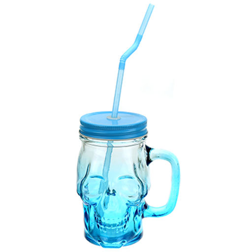 Кружка стеклянная Череп 350мл, д6,2см h13см, д/основания 6см, с трубочкой, цветное стекло-микс, металлическая, цветная, винтовая крышка с отверстием для трубочки (Китай)