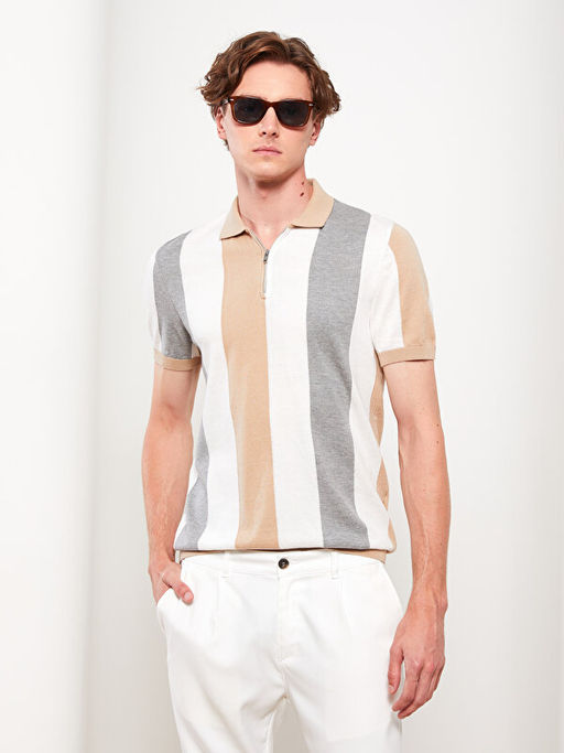 Polo Yaka K?sa Kollu Renk Bloklu Erkek Triko Kazak