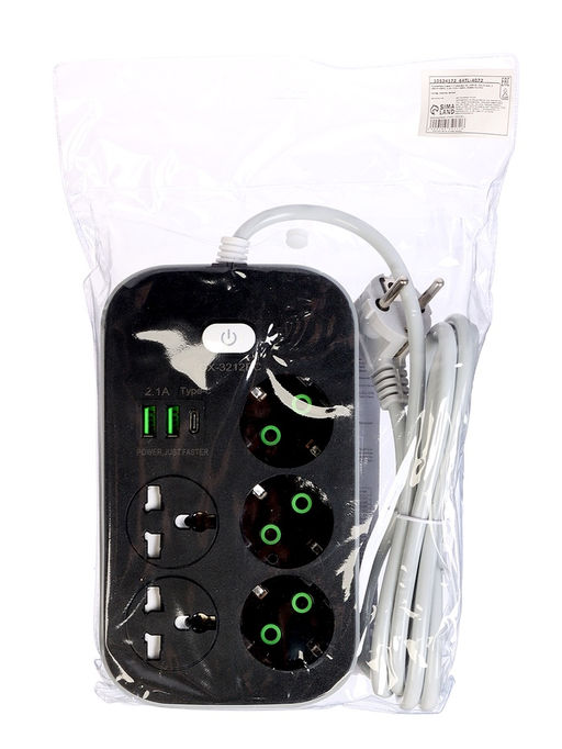Удлинитель сетевой, 5 розеток (3 евро + 2 универсальные), 2 м, 1300 Вт, 3×0.75 мм2, 2 USB-A, USB-C, 2.1 А, c заземлением, с выключателем