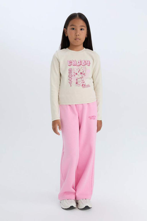 Укороченная футболка с длинными рукавами и круглым вырезом для девочек в рубчик с принтом - Defacto фото 2