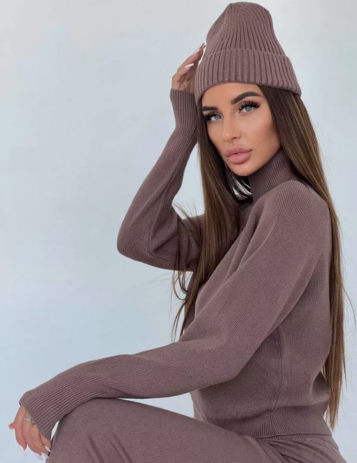 K13194 Костюм тройка: джемпер, брюки, шапка КОРИЧНЕВЫЙ