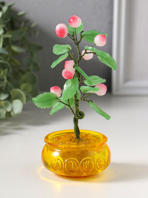 Сувенир бонсай "Дерево с персиками в чаше богатства" 9 персиков 14 листьев 7,5х9,5х16 см