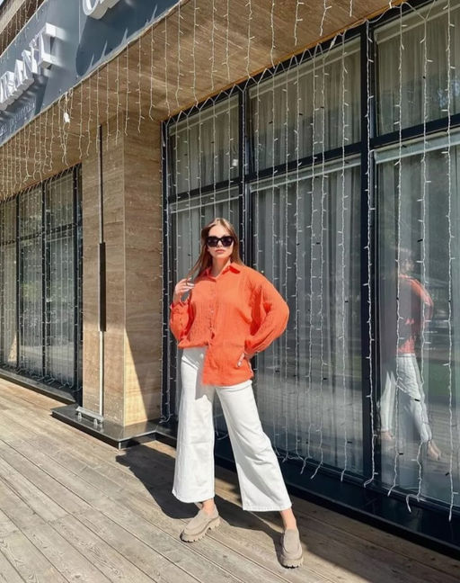 K11779 Рубашка марлевка OVER SIZE ОРАНЖЕВЫЙ