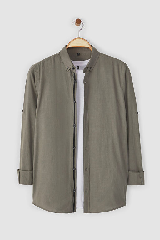 Koyu D__meli Yaka Apoletli Slim Fit Uzun Kollu %100 Pamuklu Keten G_r_n_ml_ G_mlek TMNSS20GO0189 - Trendyolmilla фото 2