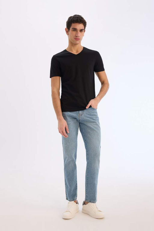 Slim Fit Dar Kesim V Yaka Basic Duz K?sa Kollu Tisort - Defacto фото 3