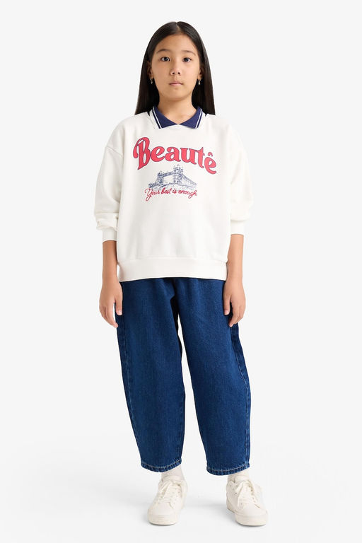 Relax Fit Polo Yaka Bask_l_ Sweatshirt K_z _ocuk - Defacto фото 5