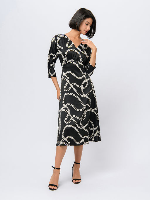 Платье черного цвета длины миди с принтом и V-образным вырезом - 1001dress фото 2