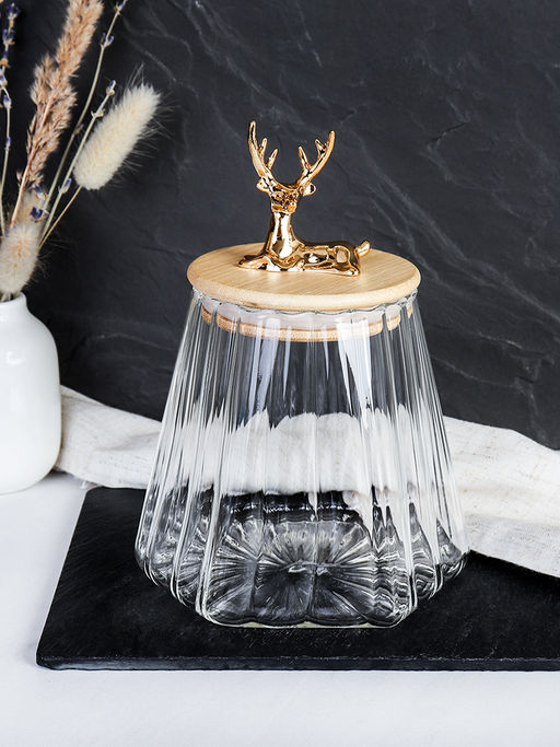 Банка для сыпучих бамбуковая крышка с фигуркой 800 мл 13х11 см / 7606 /уп 48/ новогодняя