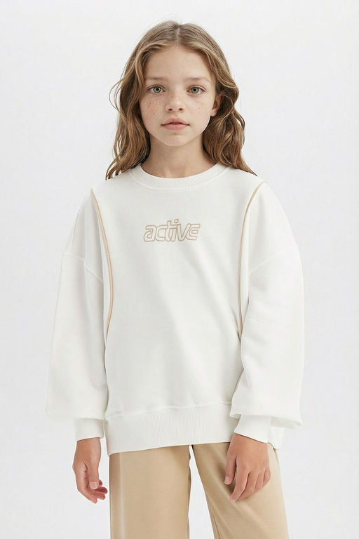 Oversize Geni_ Kal_p Bisiklet Yaka Bask_l_ Sweatshirt K_z _ocuk - Defacto фото 3