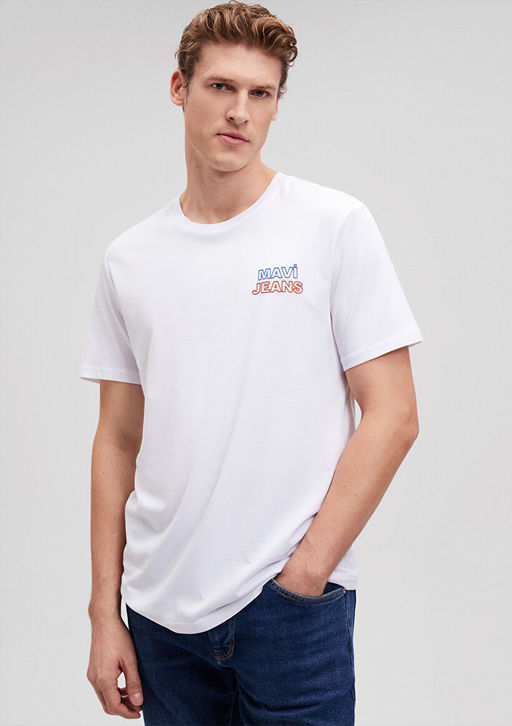 Mavi Jeans Bask?l? Beyaz Ti??rt