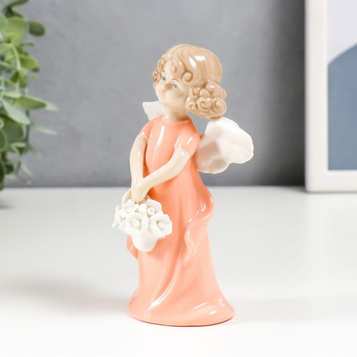 Фигурка керамика «Ангелочек-девочка с корзинкой белых роз», 14×5×8 см, МИКС