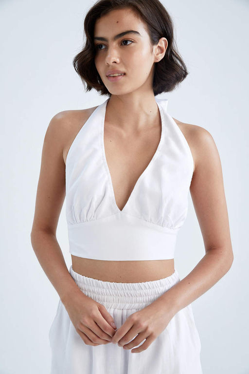 Укороченная блузка из льняной смеси приталенного воротника с бретелькой на шее - Defacto фото 4