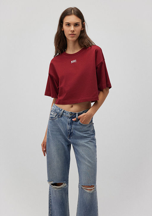 Mavi Logo Bask?l? K?rm?z? Crop Tisort