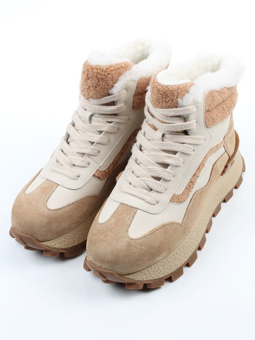 04-WG042-2M BEIGE/WHITE Кроссовки зимние женские (натуральная кожа, натуральная замша, 100% шерсть)