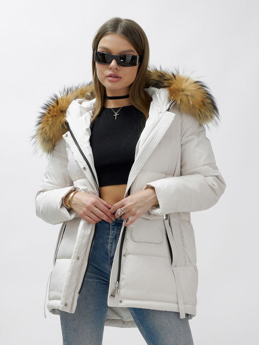 Куртка зимняя Visdeer 3215SB женская светло-бежевая с мехом енота утеплитель 220 г/м²  фото 14