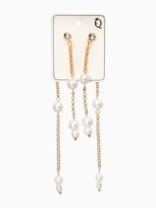 Серьги жемчуг "Цепочки" двойные, цвет белый в золоте