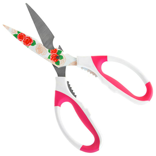 Ножницы кухонные Цветы 21,4х8,4х1см, с открывашкой, с орехоколом, прорезиненные ручки, красный, в блистере (Китай)