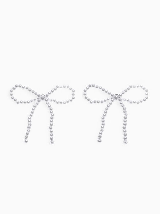 Набор 2 предмета: серьги, колье Жемчуг бантик, белый в серебре, 35 см