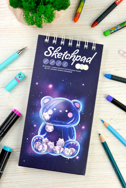 Скетчпад 105х210 мм, 80 л, блок - 3 цвета (серый,белый,кремовый) 80 г/м?, арт. 62766 СТЕКЛЯННЫЙ МИШКА /обложка полноцветная печать, твёрдый переплёт, гребень по короткой стороне, матовая ламинация,
