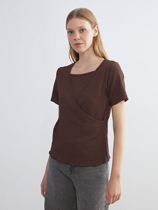 Kruvaze Yaka Dokulu Bluz