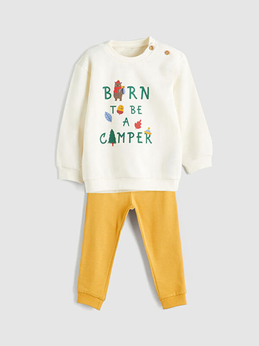 Bisiklet Yaka Bask?l? Erkek Bebek Sweatshirt ve E?ofman Alt 2li