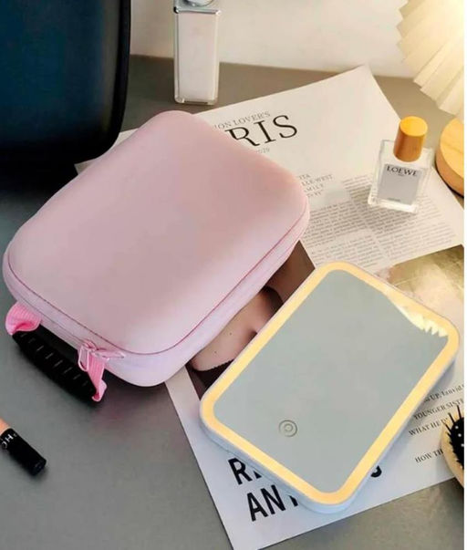 Косметичка дорожная с зеркалом и подсветкой, розовая